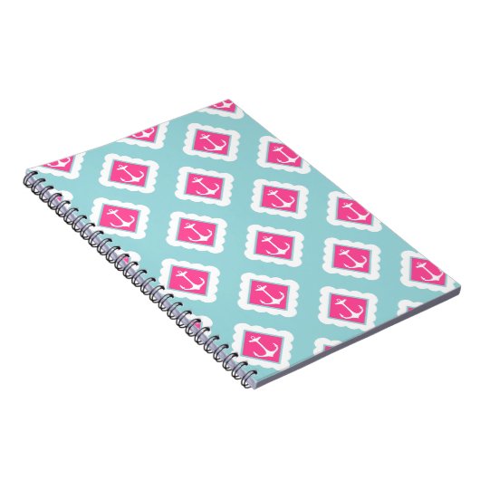 Mint Blue, Roze, White Anchors Nautical Pattern Notitieboek (Rechterzijde)