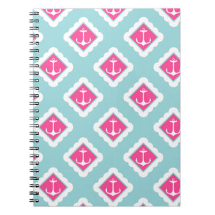 Mint Blue, Roze, White Anchors Nautical Pattern Notitieboek