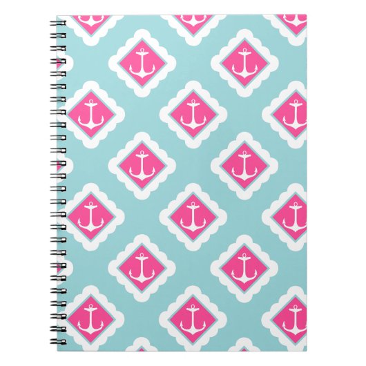Mint Blue, Roze, White Anchors Nautical Pattern Notitieboek (Voorkant)