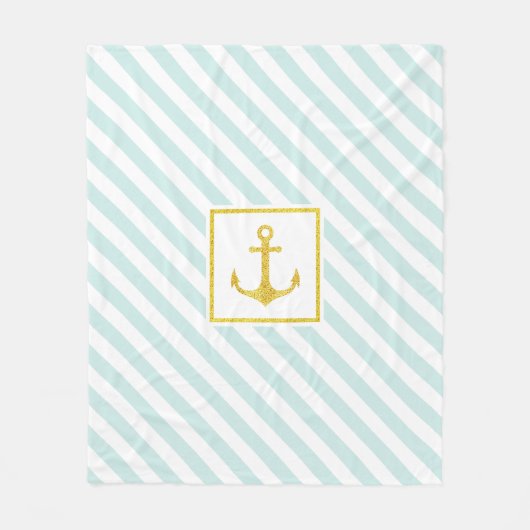 Mint Blue Stripes Faux Glittery Golden Anchor Fleece Deken (Voorkant)