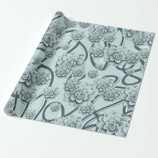 Mint Blue Succulents on Pine Green Trellis Herhale Cadeaupapier (Uitgerold)