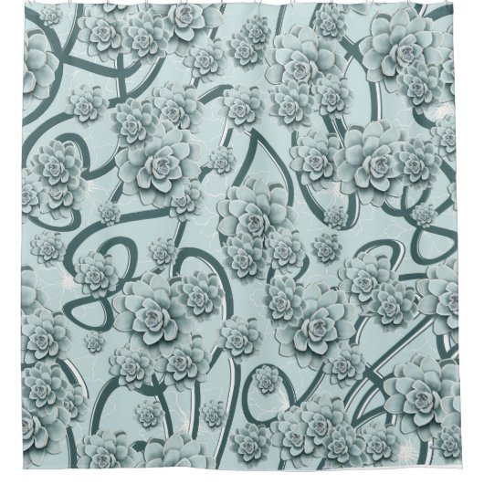 Mint Blue Succulents on Pine Green Trellis Herhale Douchegordijn (Voorkant)