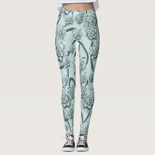 Mint Blue Succulents on Pine Green Trellis Herhale Leggings (Voorkant)