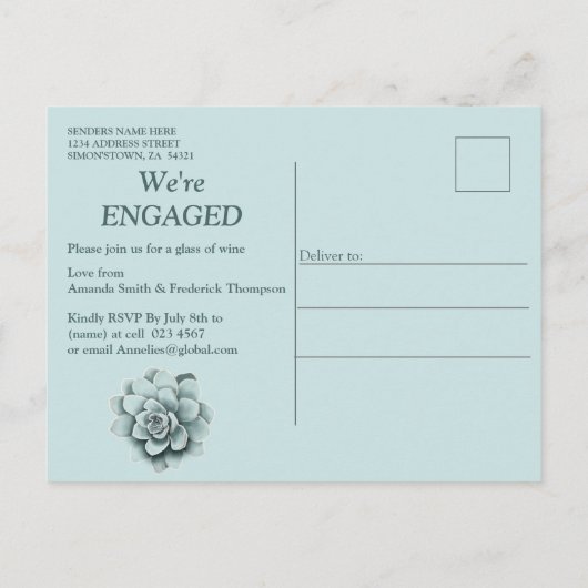 Mint Blue tot Pine Green Succulents Verloving Uitnodiging Briefkaart (Achterkant)