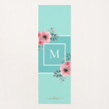 Mint Blue | Waterverf bloemen Monogram Yoga Mat