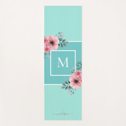 Mint Blue | Waterverf bloemen Monogram Yoga Mat (Voorkant)