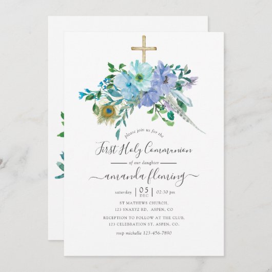 Mint & Blue Waterverf Boho Floral Heilige Communie Kaart (Voorkant / Achterkant)