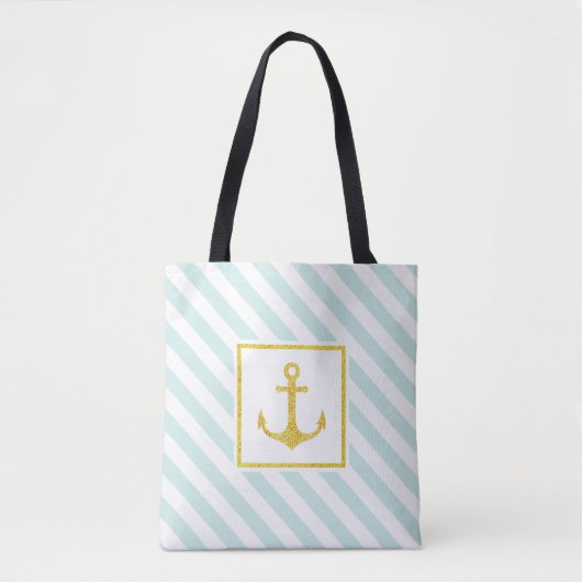 Mint Blue White Stripes Golden Anchor Tote Bag (Voorkant)