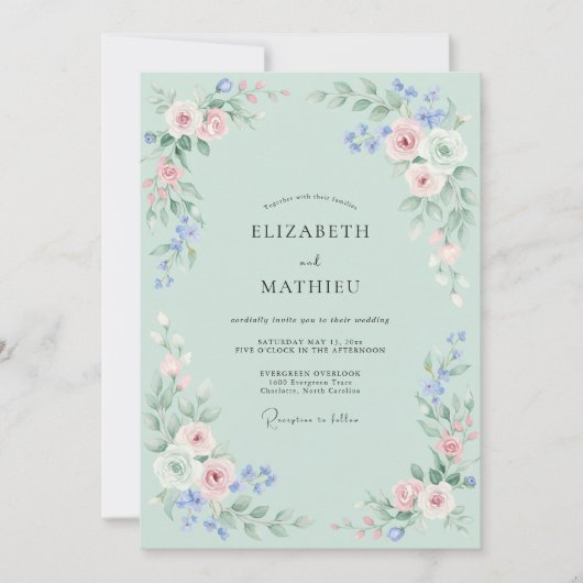 Mint Blush Bloemstuk Bruiloft Kaart (Voorkant)