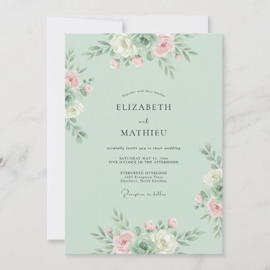 Mint Blush Botanische Bloeiende Trouw Kaart (Voorkant)