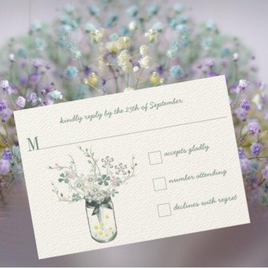Mint Blush Mint Jar Wildflower Bruiloft RSVP Kaartje