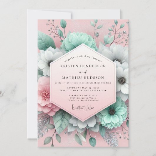 Mint Blush Painterly Flora Wedding Kaart (Voorkant)