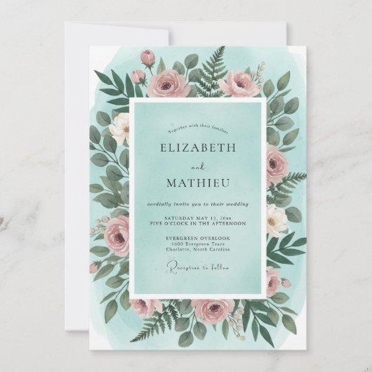 Mint Blush Ranunculus Eucalyptus Bruiloft Kaart (Voorkant)