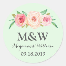 Mint Blush Roze Bloemen Monogram Bruiloft Ronde Sticker