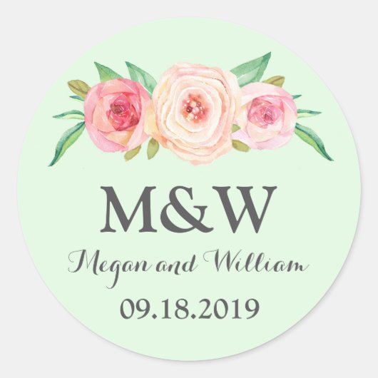 Mint Blush Roze Bloemen Monogram Bruiloft Ronde Sticker (Voorkant)