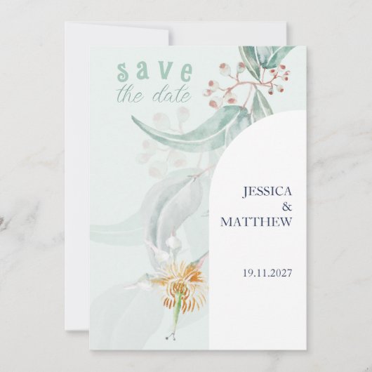 Mint Bohemian Eucalyptus Waterverf Illustratie Save The Date (Voorkant)