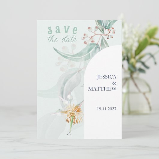 Mint Bohemian Eucalyptus Waterverf Illustratie Save The Date (Staand voorkant)
