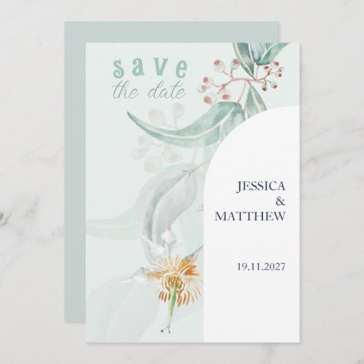 Mint Bohemian Eucalyptus Waterverf Illustratie Save The Date (Voorkant / Achterkant)