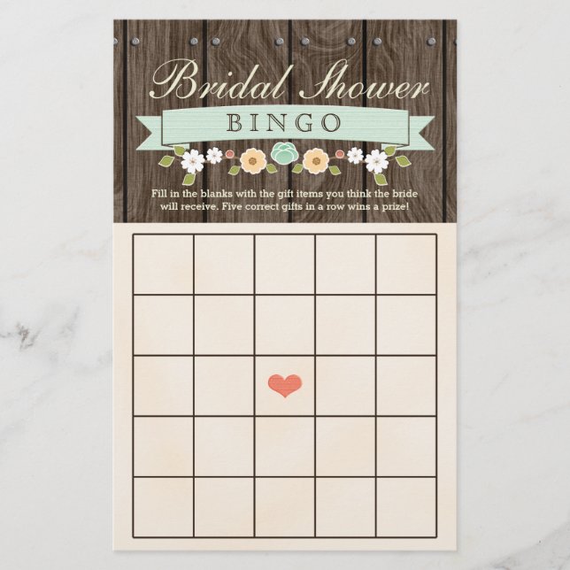 Mint Boho Rustic Bridal Wedding Shower Bingo Sheet (Voorkant)