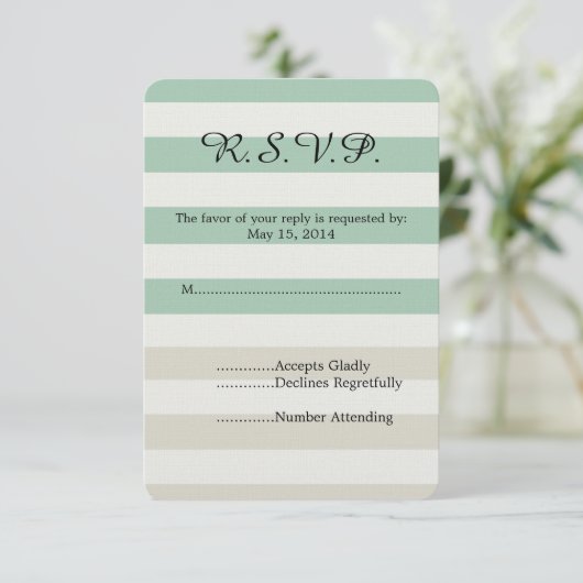 Mint, Bord en witte strepen bruiloft RSVP (Staand voorkant)