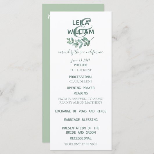 Mint Botanical Elegant Wedding Programme Programmakaart (Voorkant / Achterkant)