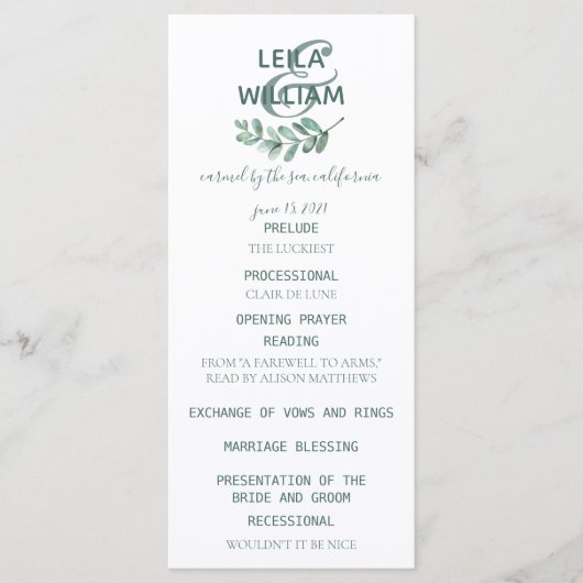 Mint Botanical Elegant Wedding Programme Programmakaart (Voorkant)