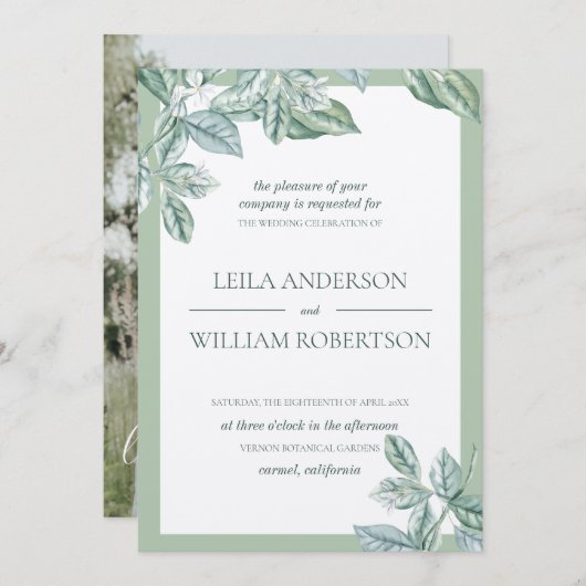 Mint botanische elegante bruiloft foto kaart (Voorkant / Achterkant)