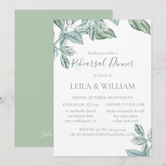 Mint Botanische Elegante Repetitie Diner Uitnodigi Kaart (Voorkant / Achterkant)