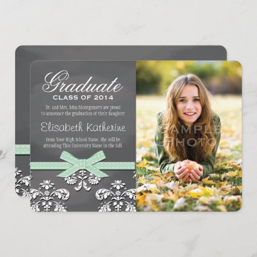 Mint Bow Chalkboard Afstuderen Aankondiging (Voorkant / Achterkant)