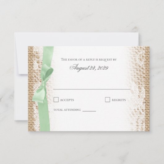 Mint Bow Kant en Burlap Reageer RSVP Kaartje (Voorkant)