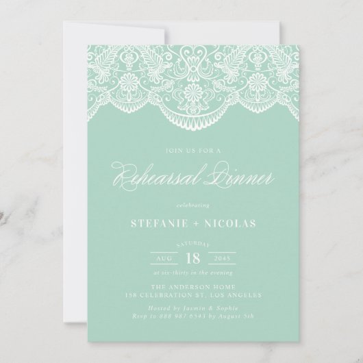 Mint Brocade Lace Rehearsal Dinner Invitation Kaart (Voorkant)