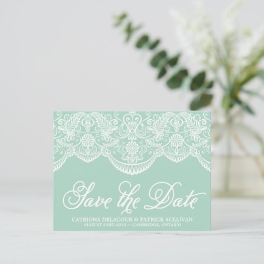 Mint Brocade Lace Save the Date Briefkaart (Staand voorkant)