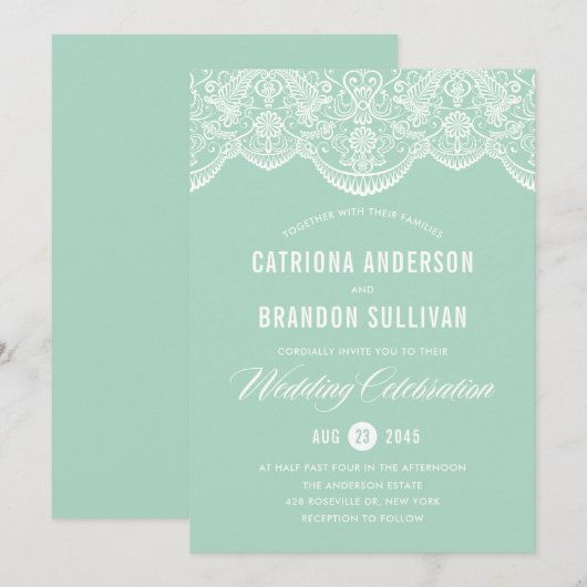 Mint Brocade Lace Wedding Invitation Kaart (Voorkant / Achterkant)