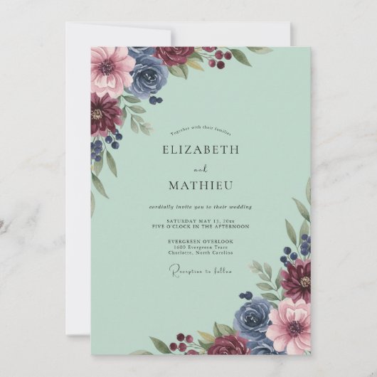 Mint Burgundy Dahlia Bruiloft Kaart (Voorkant)
