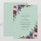 Mint Burgundy Dahlia Bruiloft Kaart (Voorkant / Achterkant)