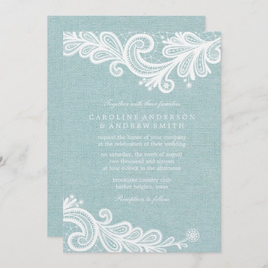 Mint Burlap en Lace Wedding Kaart (Voorkant / Achterkant)