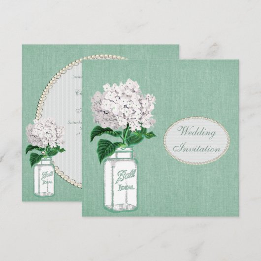 Mint Burlap, Mason Jar & Hydrangea Wedding Kaart (Voorkant / Achterkant)