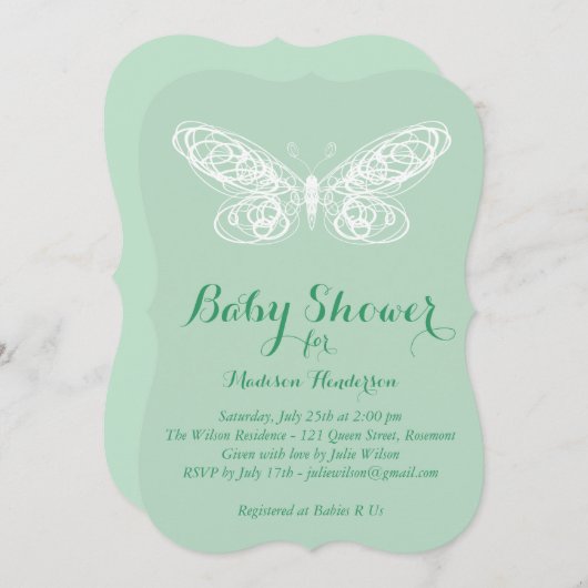 Mint Butterfly Baby shower Invitation Kaart (Voorkant / Achterkant)