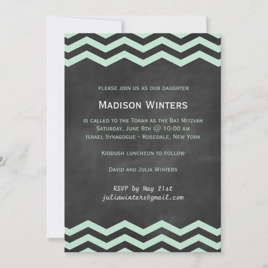 Mint & Chalkboard Chevron Bat Mitzvah Uitnodiging (Voorkant)