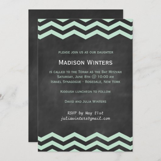 Mint & Chalkboard Chevron Bat Mitzvah Uitnodiging (Voorkant / Achterkant)
