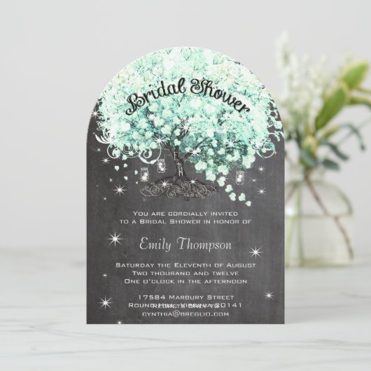 Mint Chalkboard Heart Leaf Tree Vrijgezellenfeest Kaart (Staand voorkant)