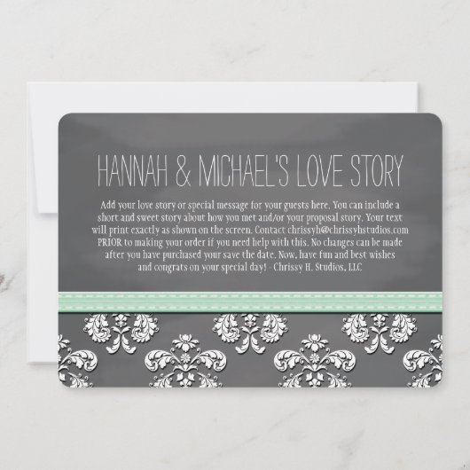 Mint Chalkboard Lace en Bow Save the Date Card (Achterkant)
