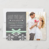Mint Chalkboard Lace en Bow Save the Date Card (Voorkant)