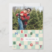 Mint Checkerboard Merry & Bright Christmas Card Kaart (Voorkant)