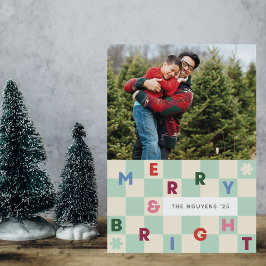 Mint Checkerboard Merry & Bright Christmas Card Kaart