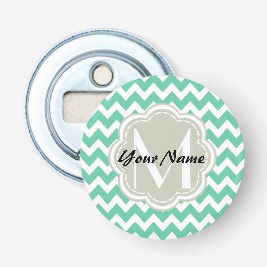 Mint Chevron Custom Monogram, Persoonlijke naam Button Flesopener (Voorkant)