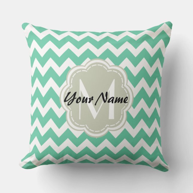 Mint Chevron Custom Monogram, Persoonlijke naam Kussen (Voorkant)