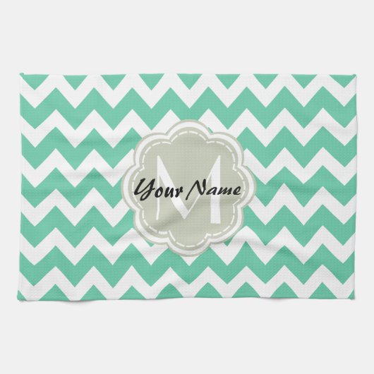 Mint Chevron Custom Monogram, Persoonlijke naam Theedoek (Horizontaal)