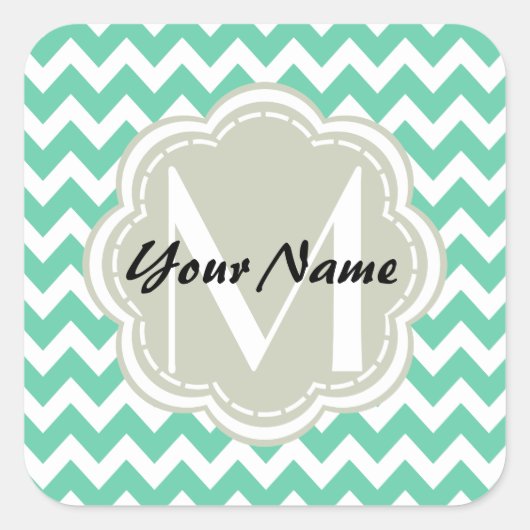 Mint Chevron Custom Monogram, Persoonlijke naam Vierkante Sticker (Voorkant)