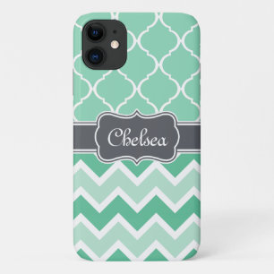 Mint Chevron en Lattice Pattern Grey Name Case-Mate iPhone Case
